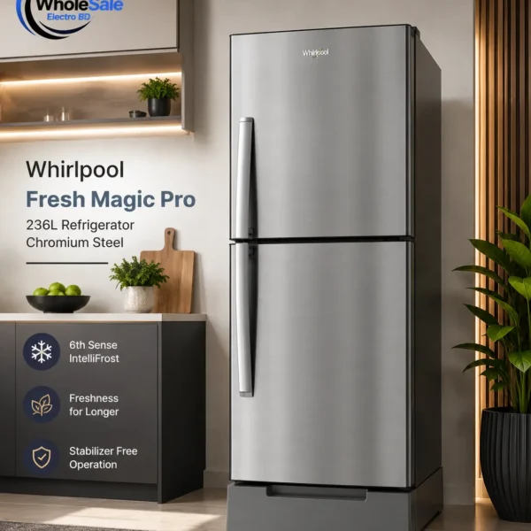 Whirlpool 236 liter refrigerator front view chromium steel