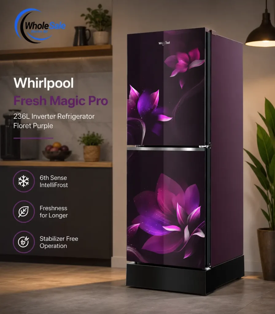 Whirlpool Fresh Magic Pro 236L Inverter Refrigerator Floret Purple front view