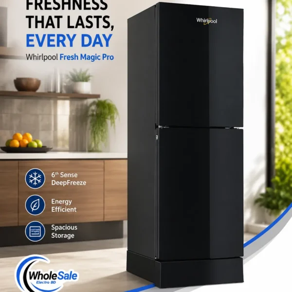 Whirlpool Fresh Magic Pro 236L Refrigerator front view in crystal black