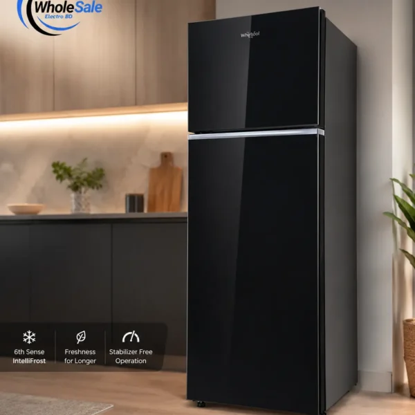 Whirlpool Fresh Magic Pro 257L Crystal Black Refrigerator front view in kitchen