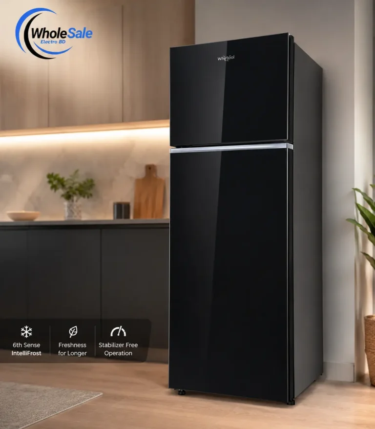 Whirlpool Fresh Magic Pro 257L Crystal Black Refrigerator front view in kitchen