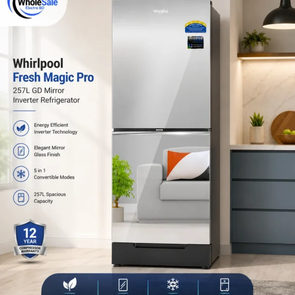 Whirlpool Fresh Magic Pro 257L GD Mirror Inverter Refrigerator front view.