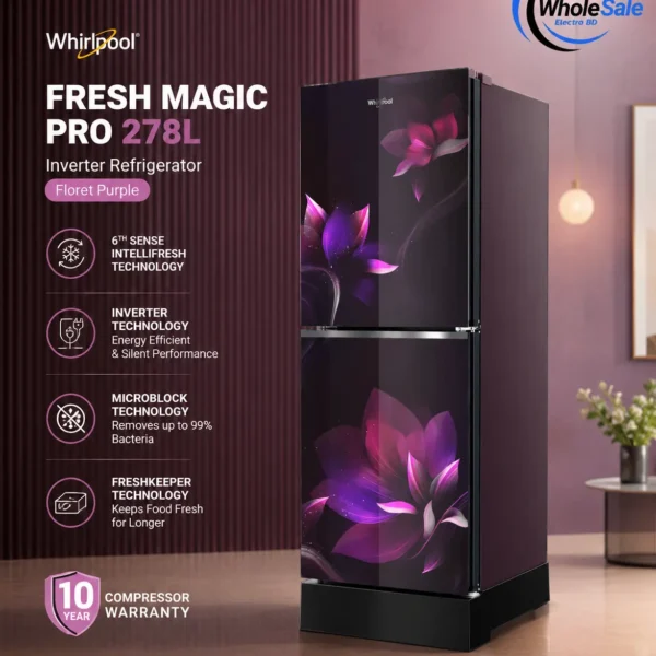 Whirlpool Fresh Magic Pro 278L Inverter Refrigerator Glass Door Floret Purple front view