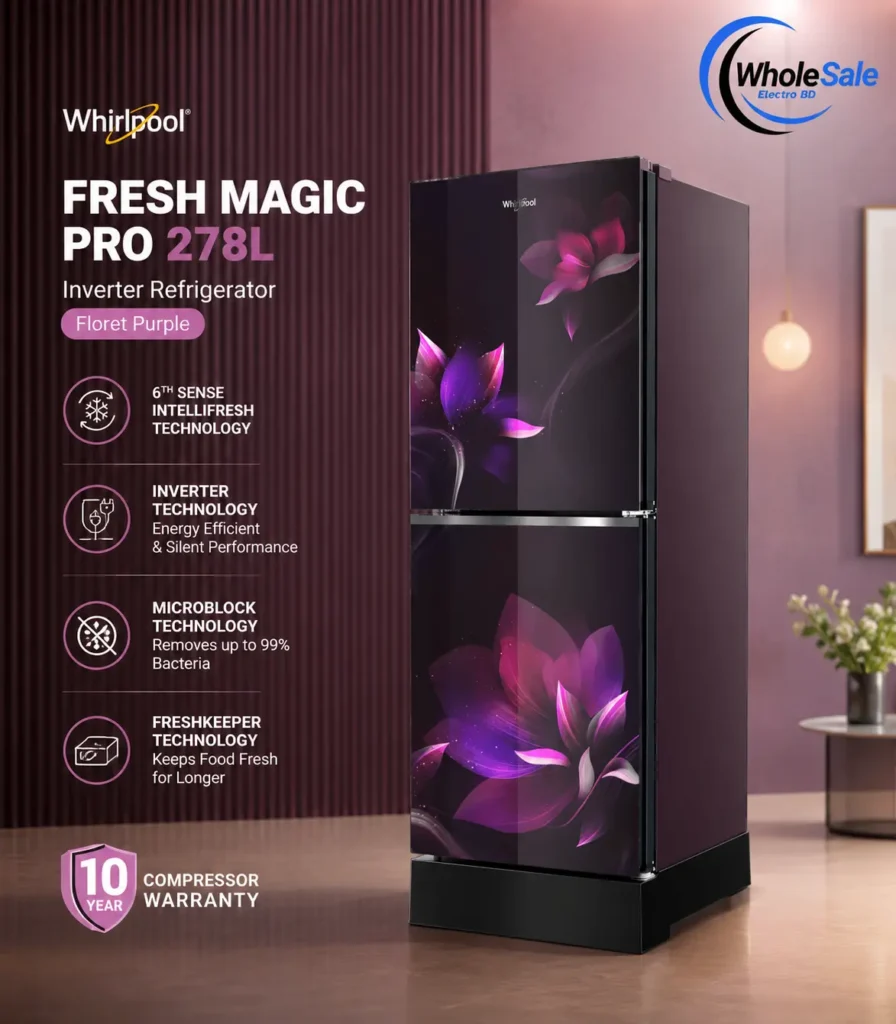Whirlpool Fresh Magic Pro 278L Inverter Refrigerator Glass Door Floret Purple front view