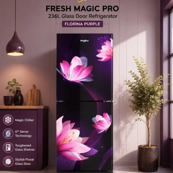 whirlpool fresh magic pro 236l glass door florina purple front view