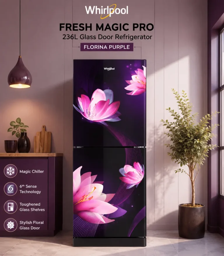 whirlpool fresh magic pro 236l glass door florina purple front view