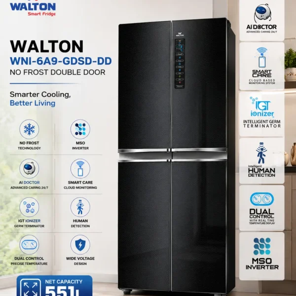 Walton WNI-6A9-GDSD-DD no-frost double door refrigerator front view