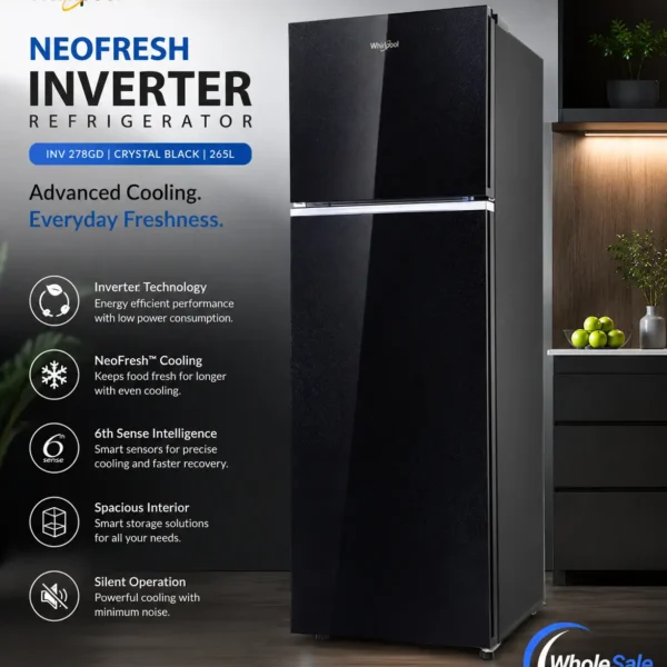Whirlpool NeoFresh Inverter Refrigerator INV 278GD Crystal Black 265L front view