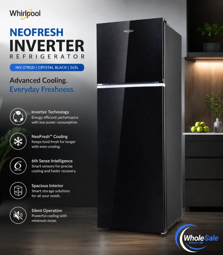 Whirlpool NeoFresh Inverter Refrigerator INV 278GD Crystal Black 265L front view